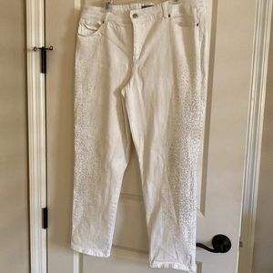 Chico’s white jeans with silver glittery trim down sides